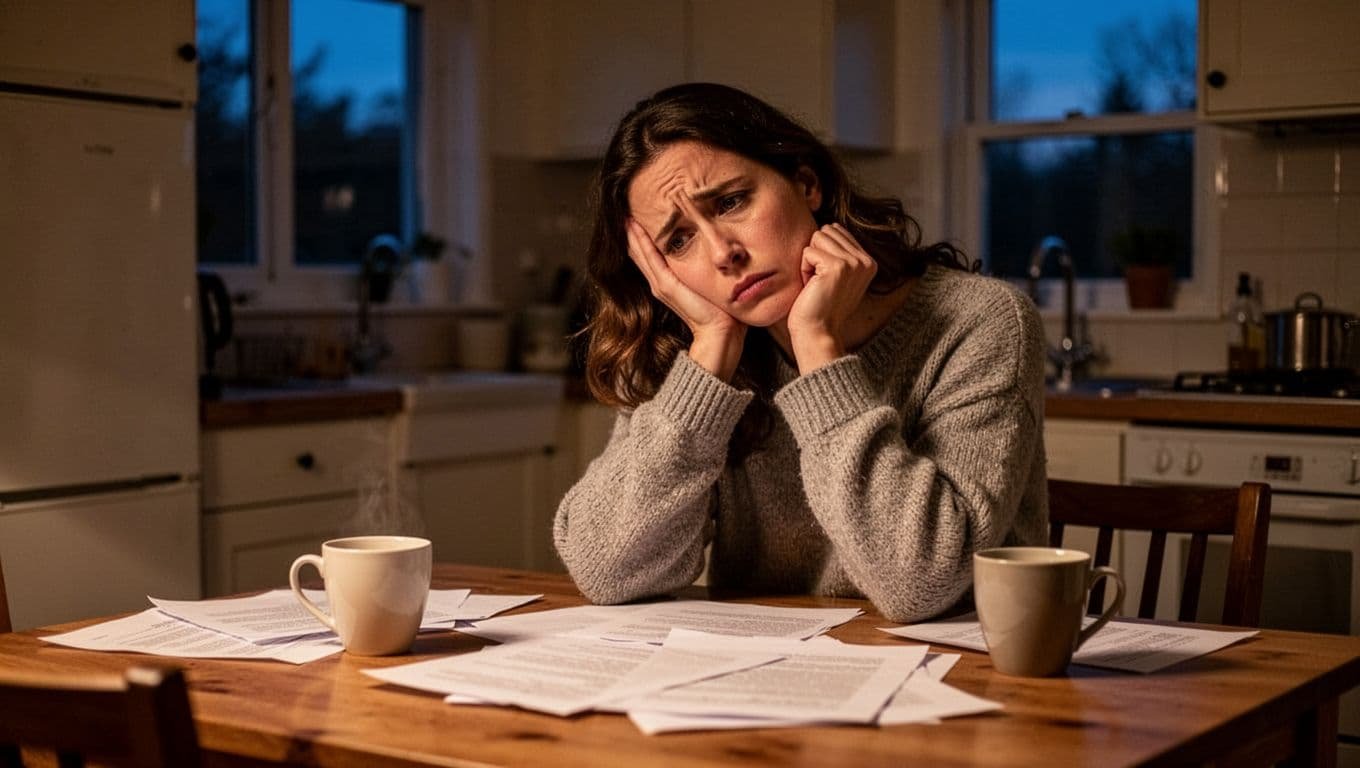 Woman in her 30s sits alone at kitchen table at dusk, head on hand with thoughtful worried expression, papers and coffee cup scattered.