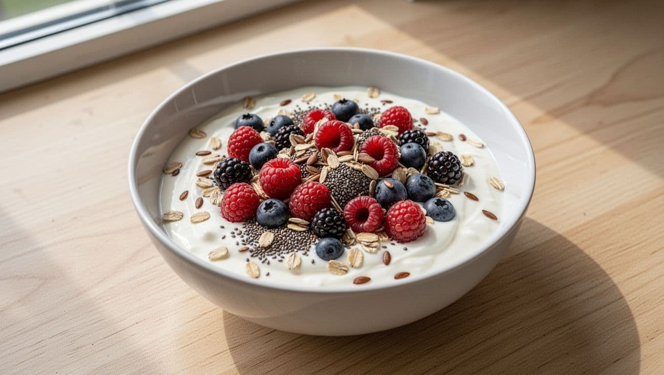 Bowl of plain yogurt topped with mixed berries, rolled oats, chia seeds, and ground flaxseeds on a light wooden table.