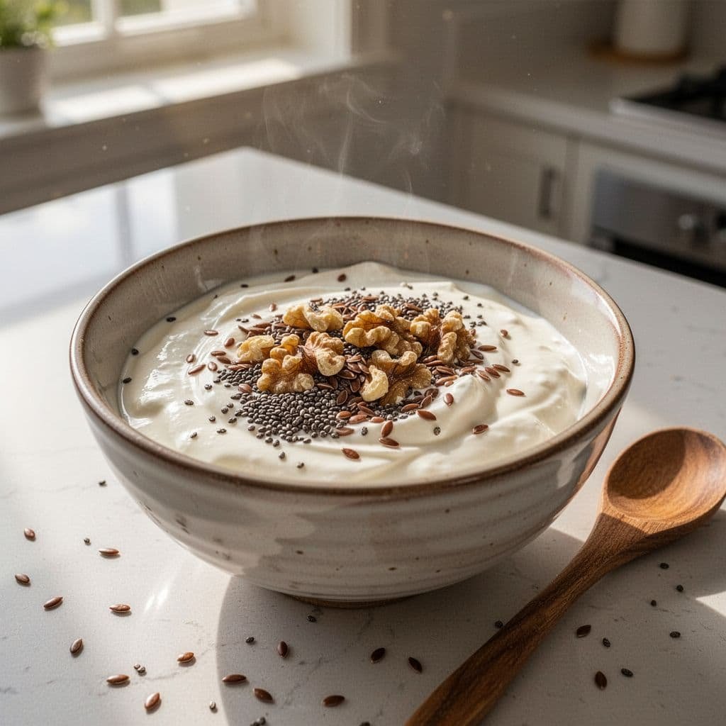 Ceramic bowl of creamy yogurt topped with chia seeds, ground flaxseeds, crushed walnuts, wooden spoon in sunlit kitchen.