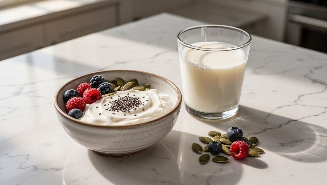 Small bowl of plain yogurt topped with chia seeds, berries, and pumpkin seeds next to a glass of kefir on white marble counter.