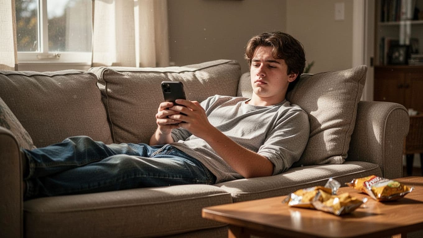Young adult lounges on living room couch, blankly scrolling smartphone with empty snack wrappers nearby in afternoon sunlight.