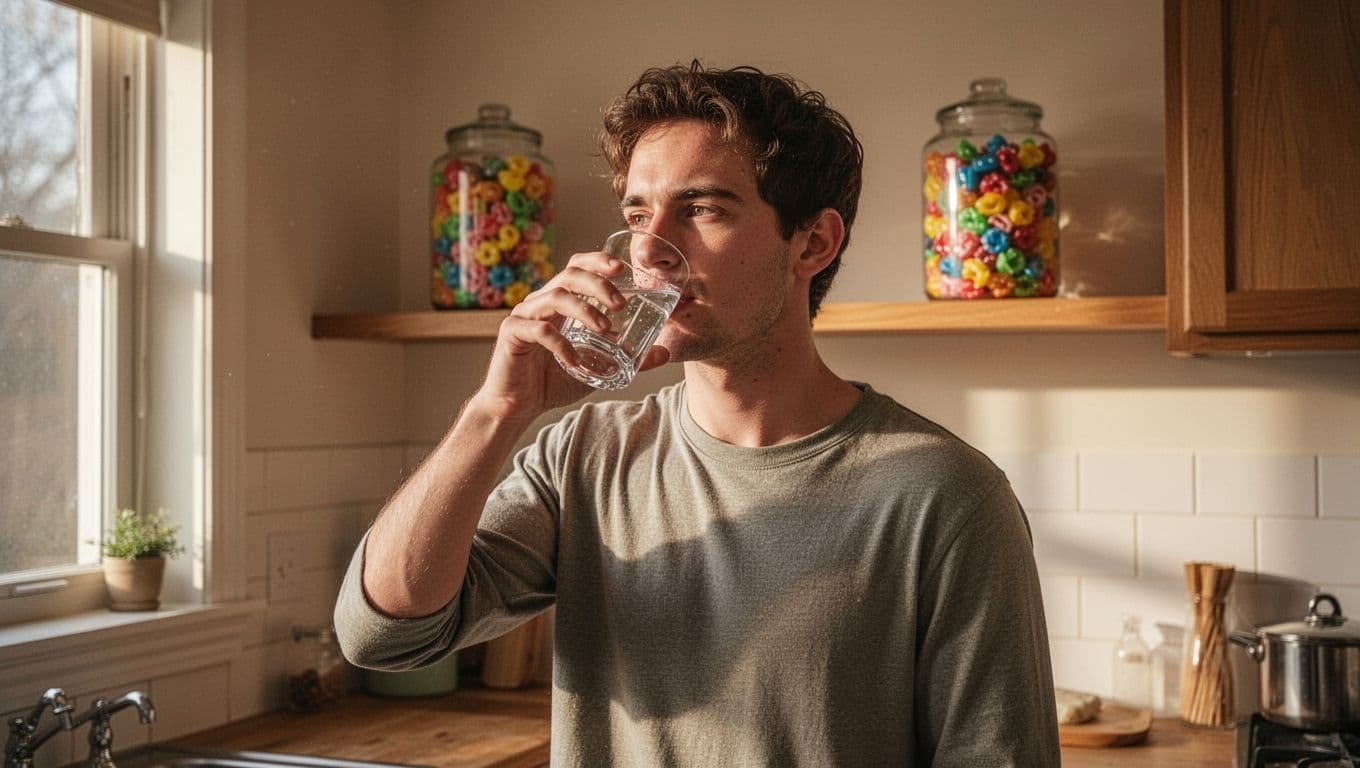 Late-20s person stands in cozy kitchen drinking water from glass, colorful candy jar on high shelf behind.