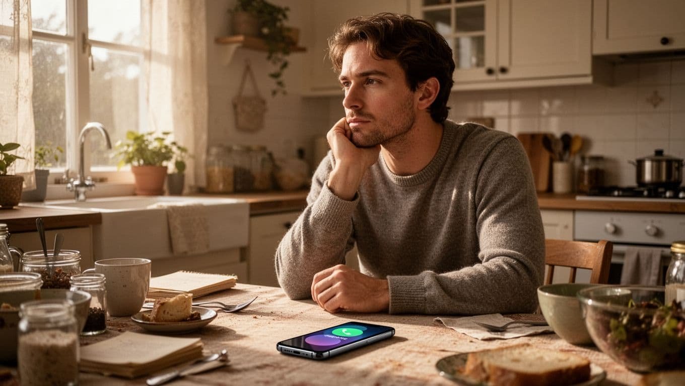 Young adult with neutral expression sits at cluttered kitchen table, chin on hand, gazing out window; smartphone face down shows blurred notification.