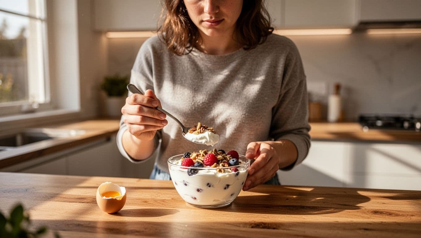 Young adult holds spoon over Greek yogurt with nuts and berries, hard-boiled eggs on wooden counter in sunlit kitchen.