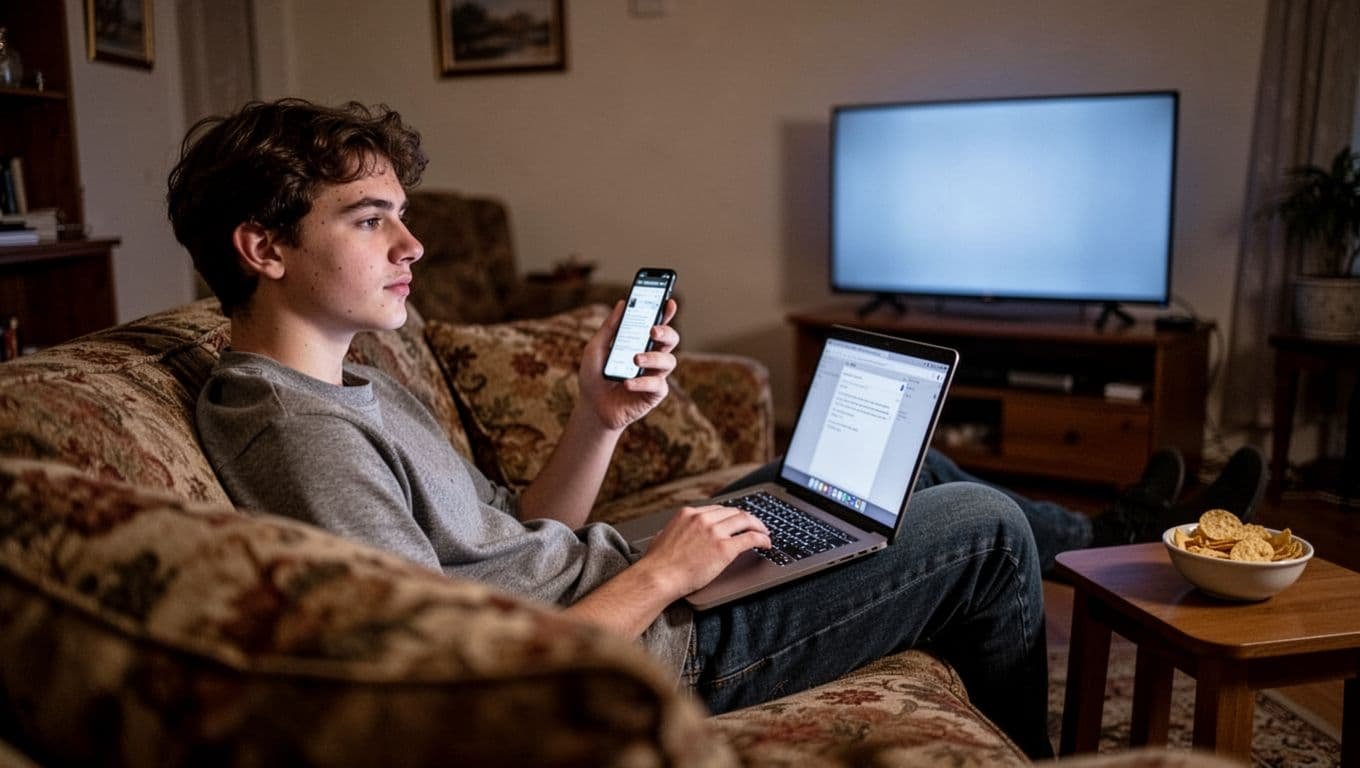 Young adult lounges on living room couch holding smartphone, laptop on lap, TV on in background, snacks nearby.