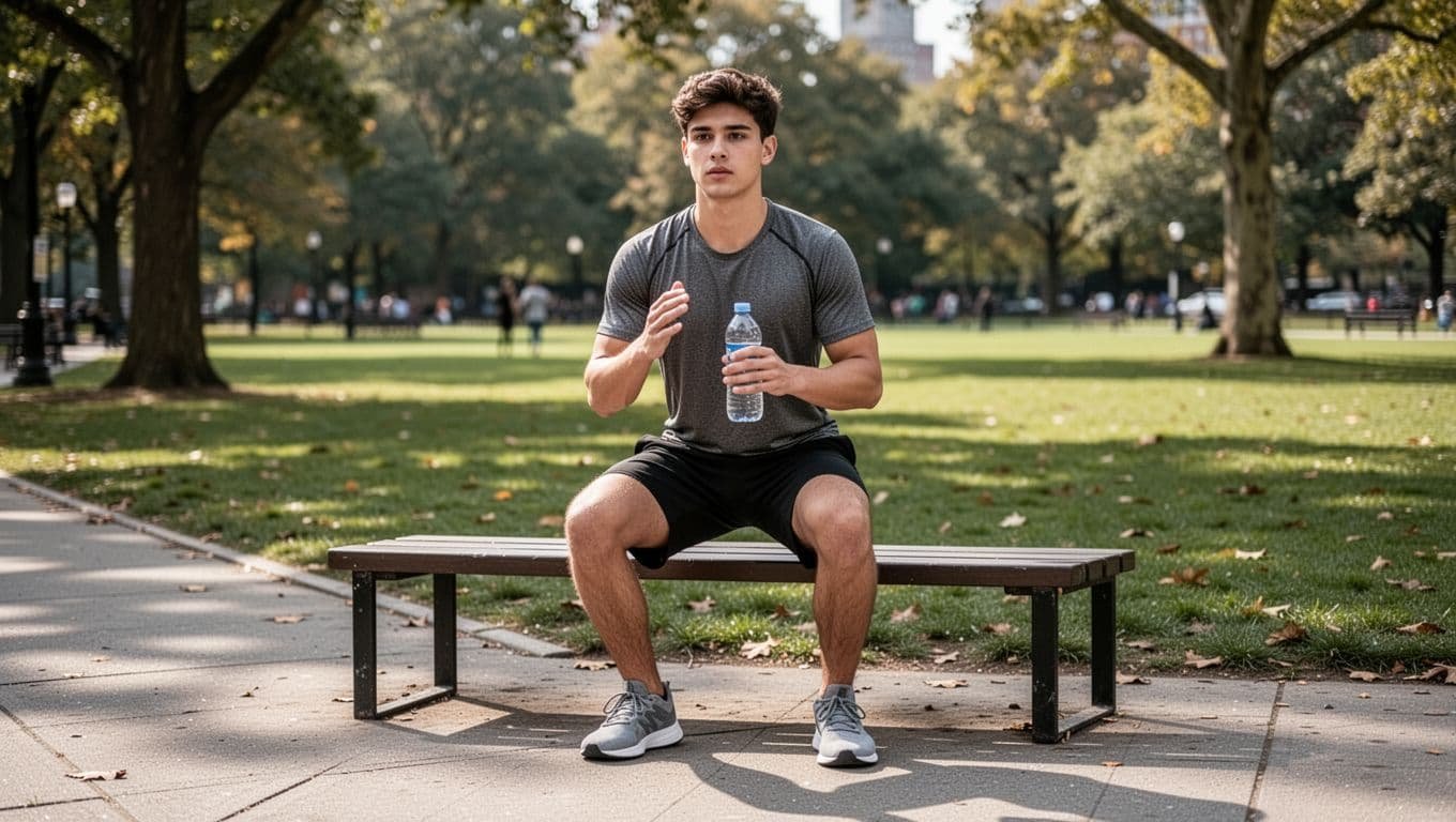 Young adult in casual workout clothes walks briskly on city sidewalk with park behind, transitioning to squats near bench while holding water bottle.