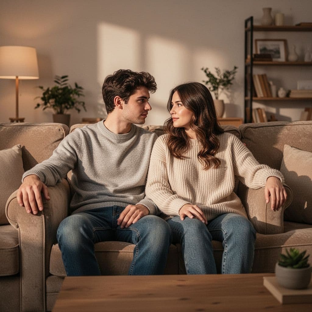 Young couple sits closely on sofa in dimly lit living room, gazing at each other.