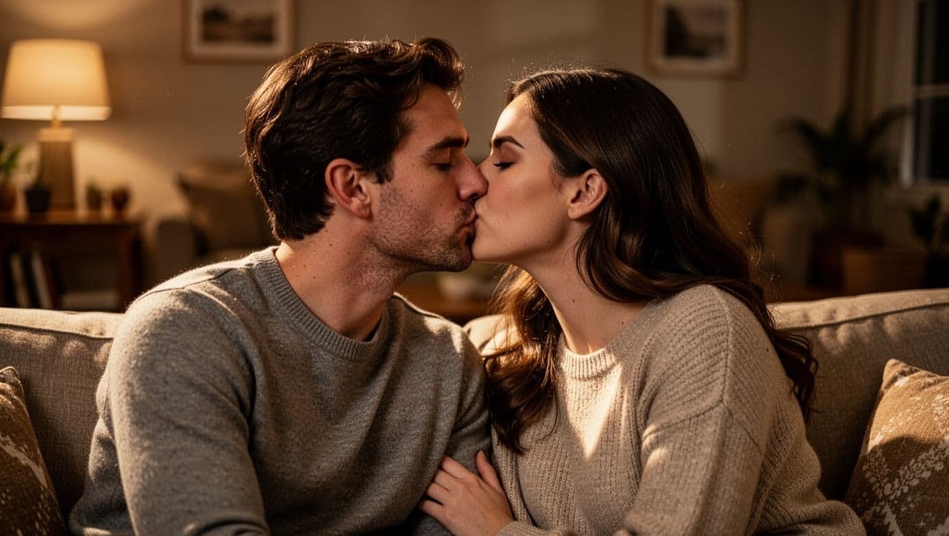 Close-up of a couple in their late 20s sharing a deep kiss on a cozy couch in dim warm living room light.