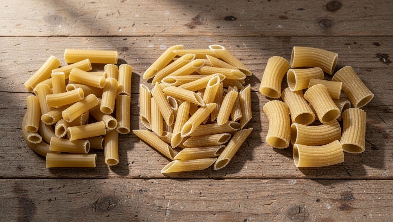 Dry ziti tubes, penne rigate, and rigatoni on rustic wooden table.
