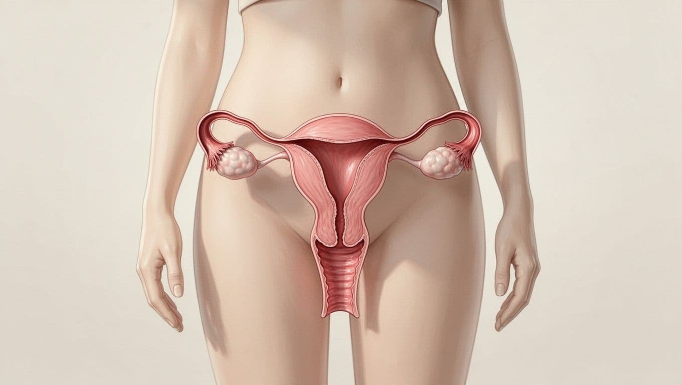 A clean, artistic rendering of the human uterus set against a soft, neutral-toned background. The delicate forms use gentle curves and muted shades to represent the female reproductive system for health education.
