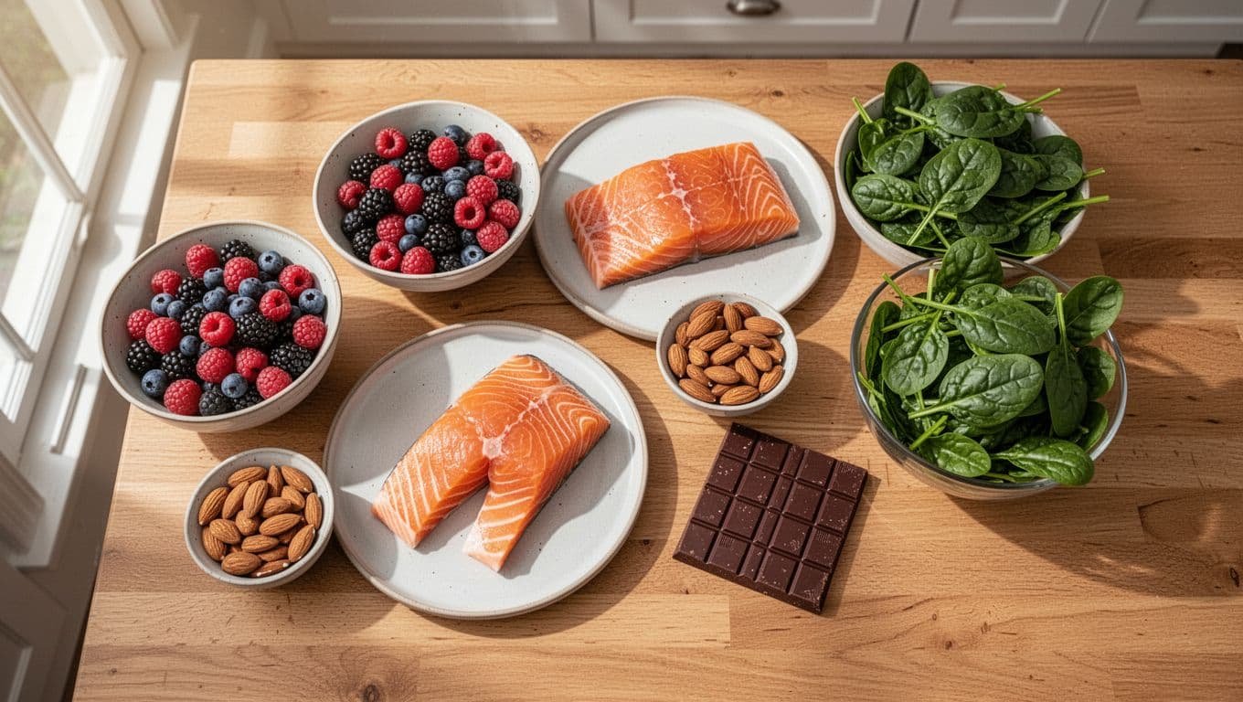An overhead view displays a wooden table holding a bowl of fresh berries, grilled salmon, raw almonds, dark chocolate, and spinach. Soft natural window light illuminates these nutritious, pain-relieving meal ingredients.