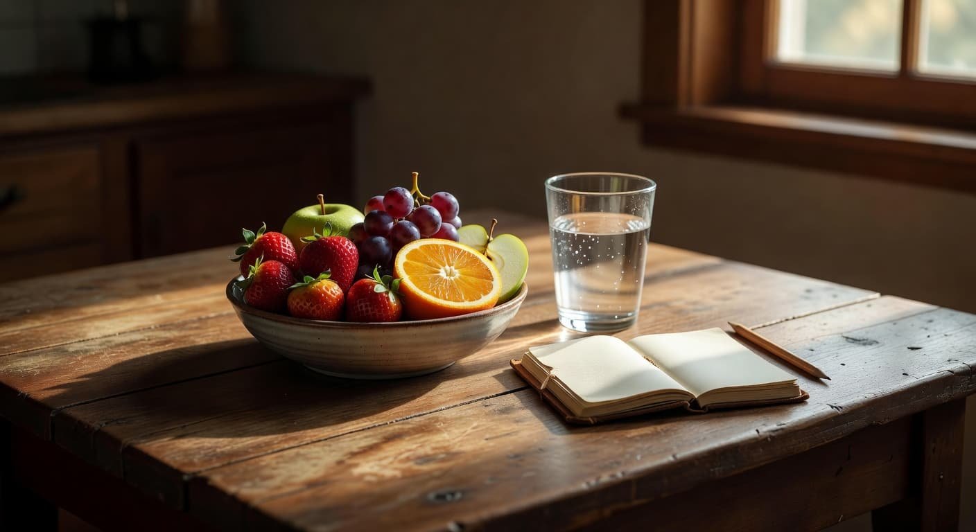 A rustic wooden kitchen table displays a ceramic bowl filled with fresh fruit beside a clear glass of water and a small notebook. Soft sunlight streams through the nearby window pane.