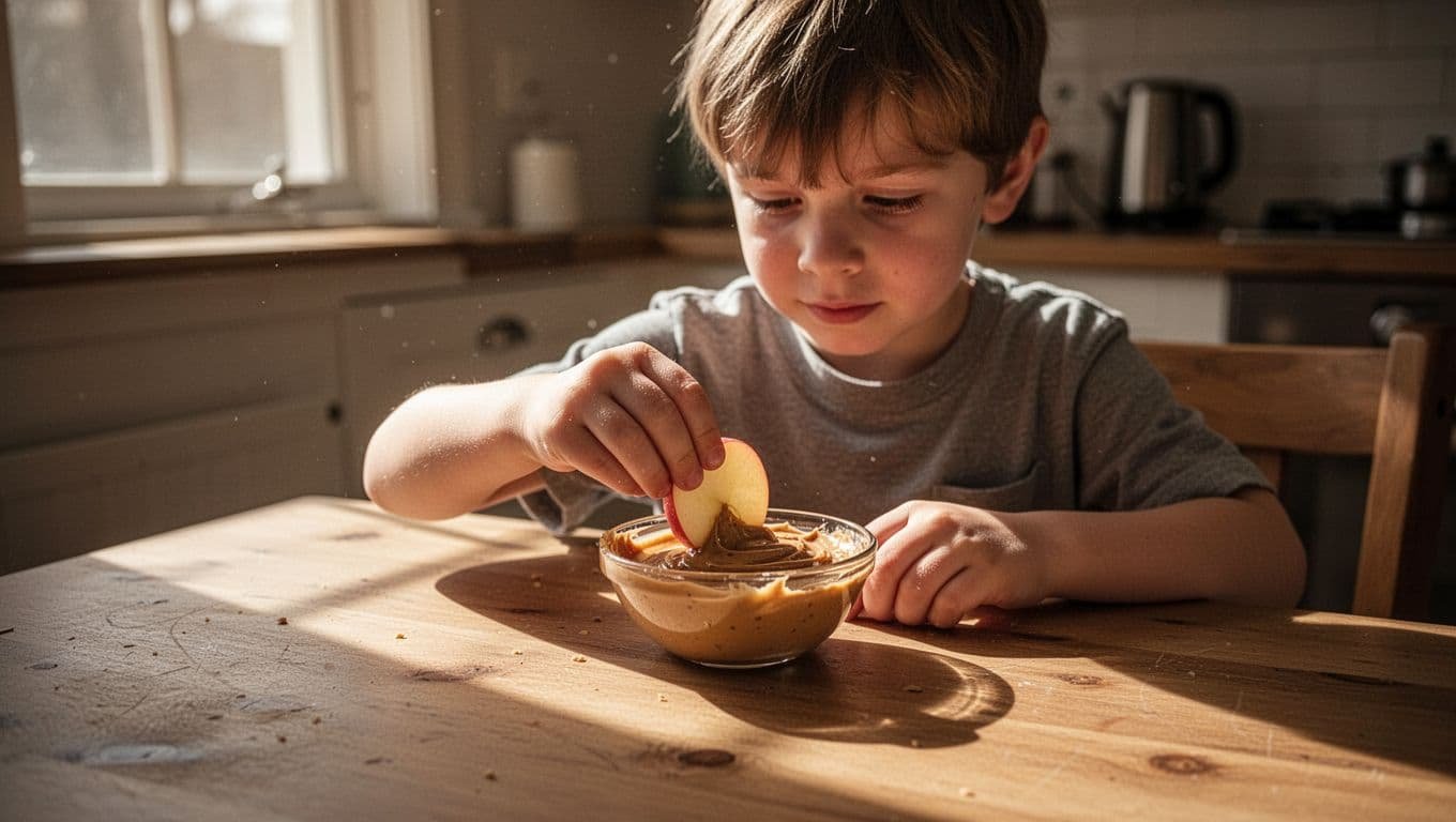 A child eats apple slices with peanut butter at a kitchen table in warm light.