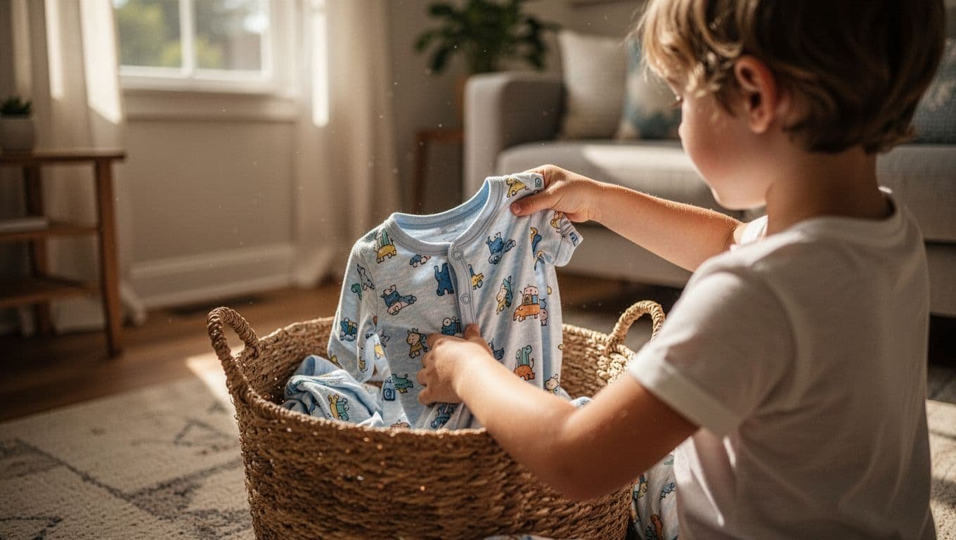 A young child places soft pajamas into a woven wicker basket inside a sun-drenched living room. Warm light highlights the natural textures of the basket and the wooden floorboards nearby.