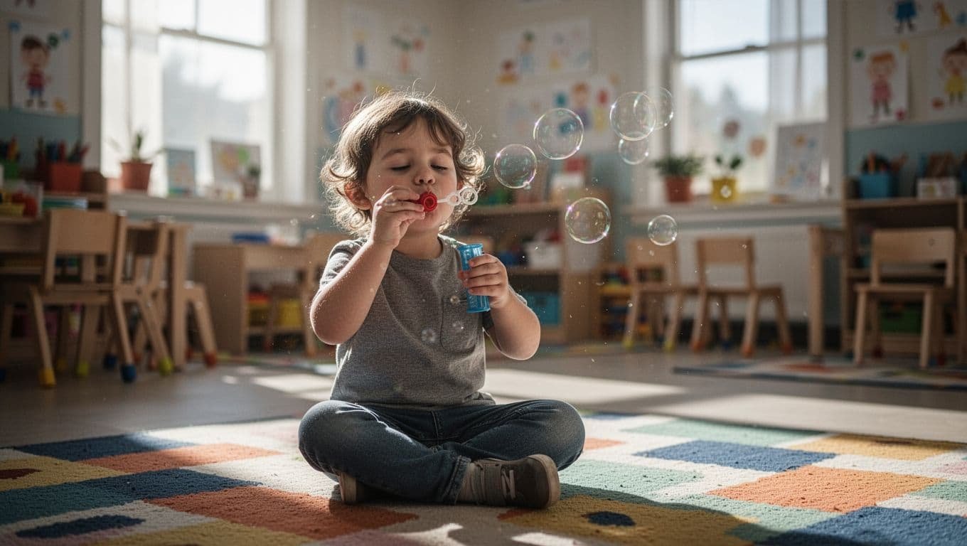 A young child sits cross-legged on a vibrant, multi-colored classroom rug while gently blowing delicate soap bubbles. Sunlight filters through the space, creating a soft, warm atmosphere focused on calming techniques.