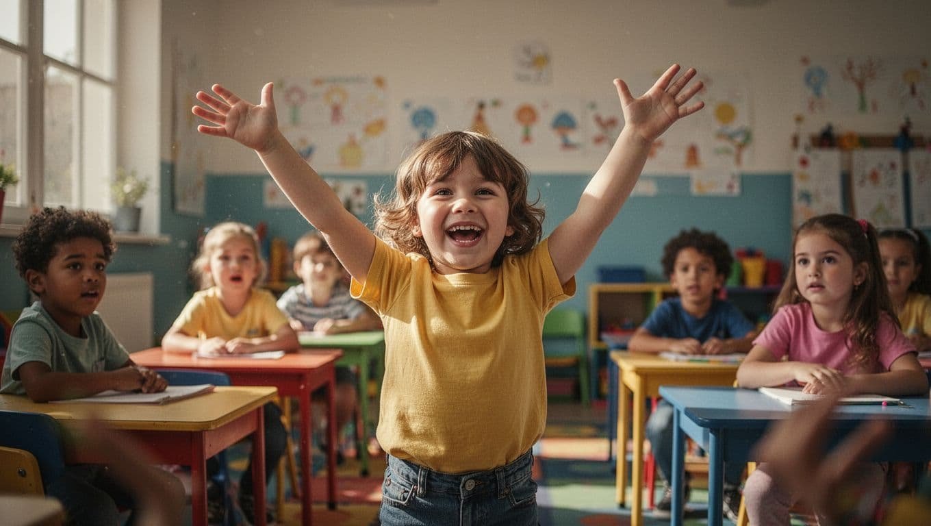 A group of joyful young children gathers in a sunlit classroom to play a game of charades. One student stands center stage with arms spread wide, excitedly demonstrating a happy emotion.