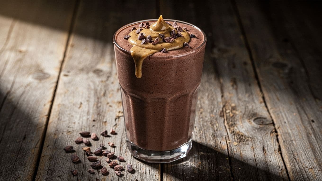 A chocolate smoothie topped with cacao nibs and almond butter on a rustic wooden table.