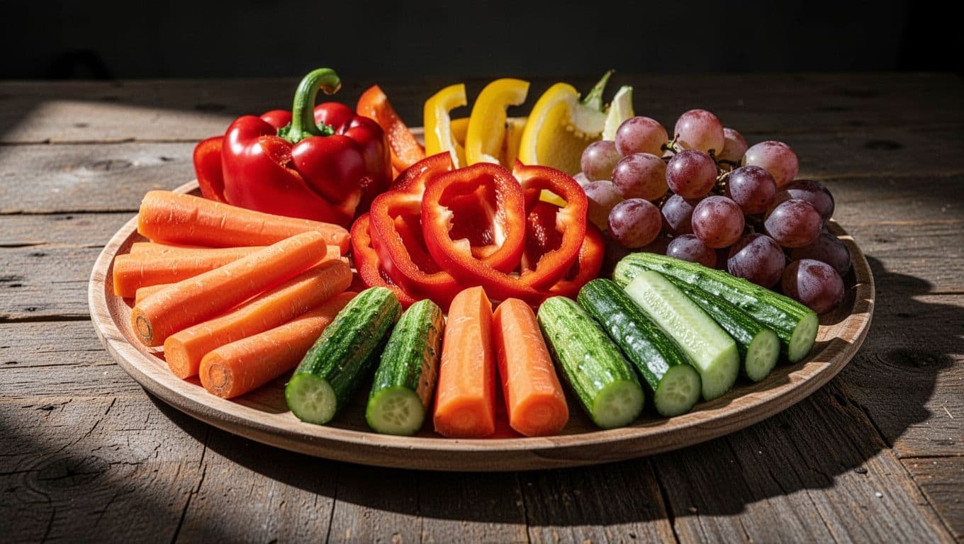 A wooden tray filled with sliced fresh vegetables and fruit arranged in a colorful display.