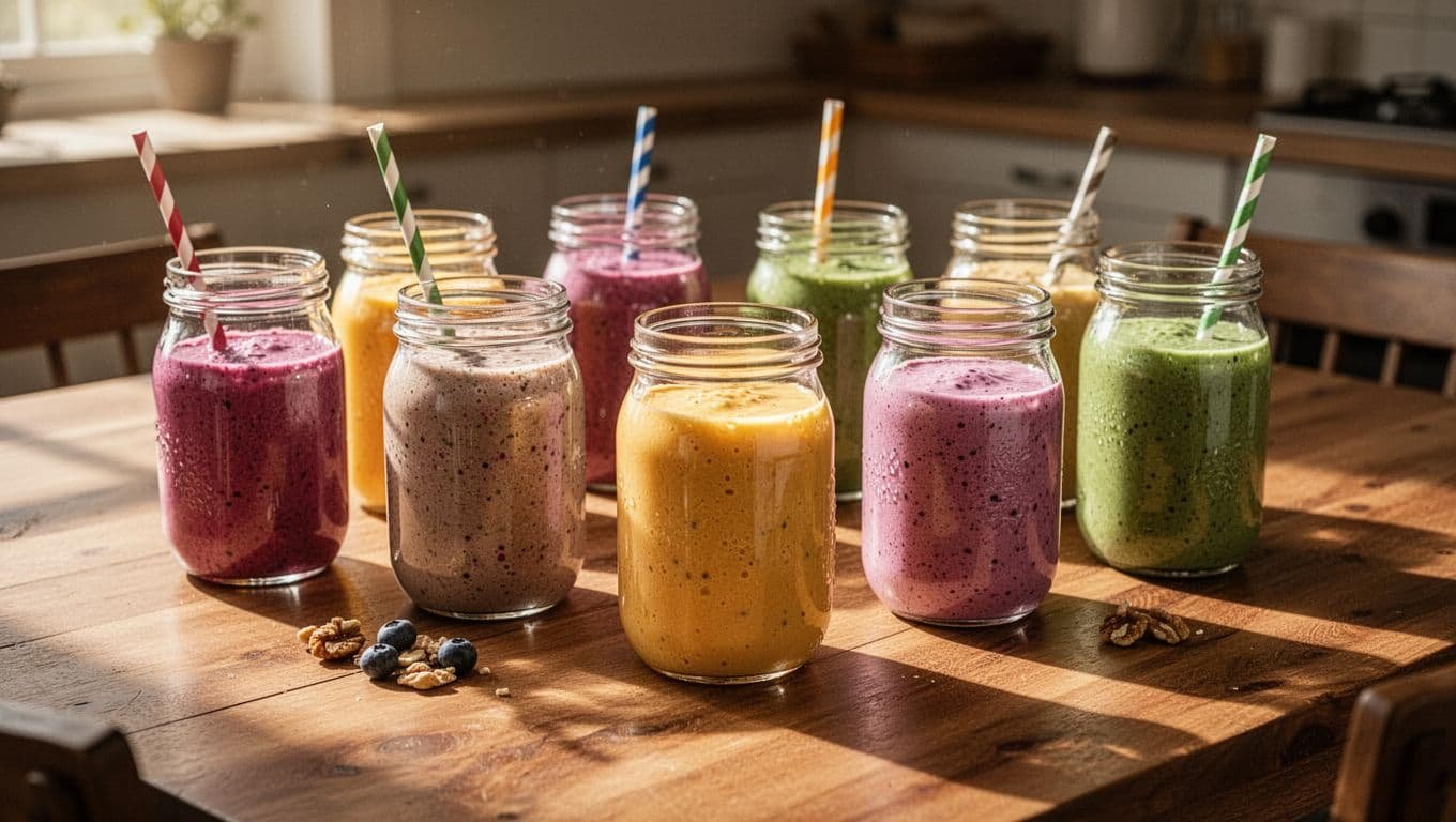 Vibrant fruit smoothies in glass jars displayed on a wooden table.