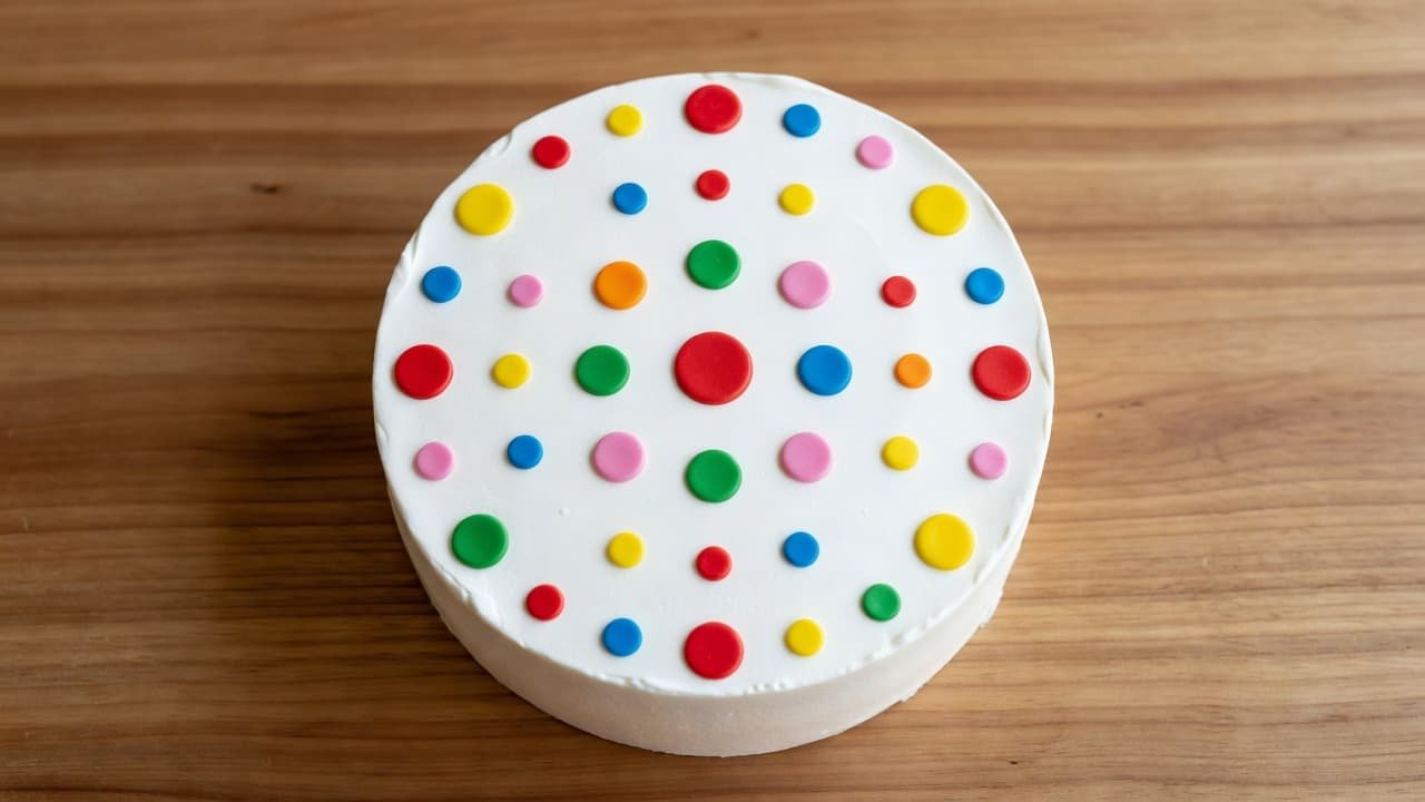 A top-down view captures a frosted white cake featuring perfectly round, colorful dots in various sizes. The dessert sits on a clean wooden table bathed in bright, warm natural daylight.