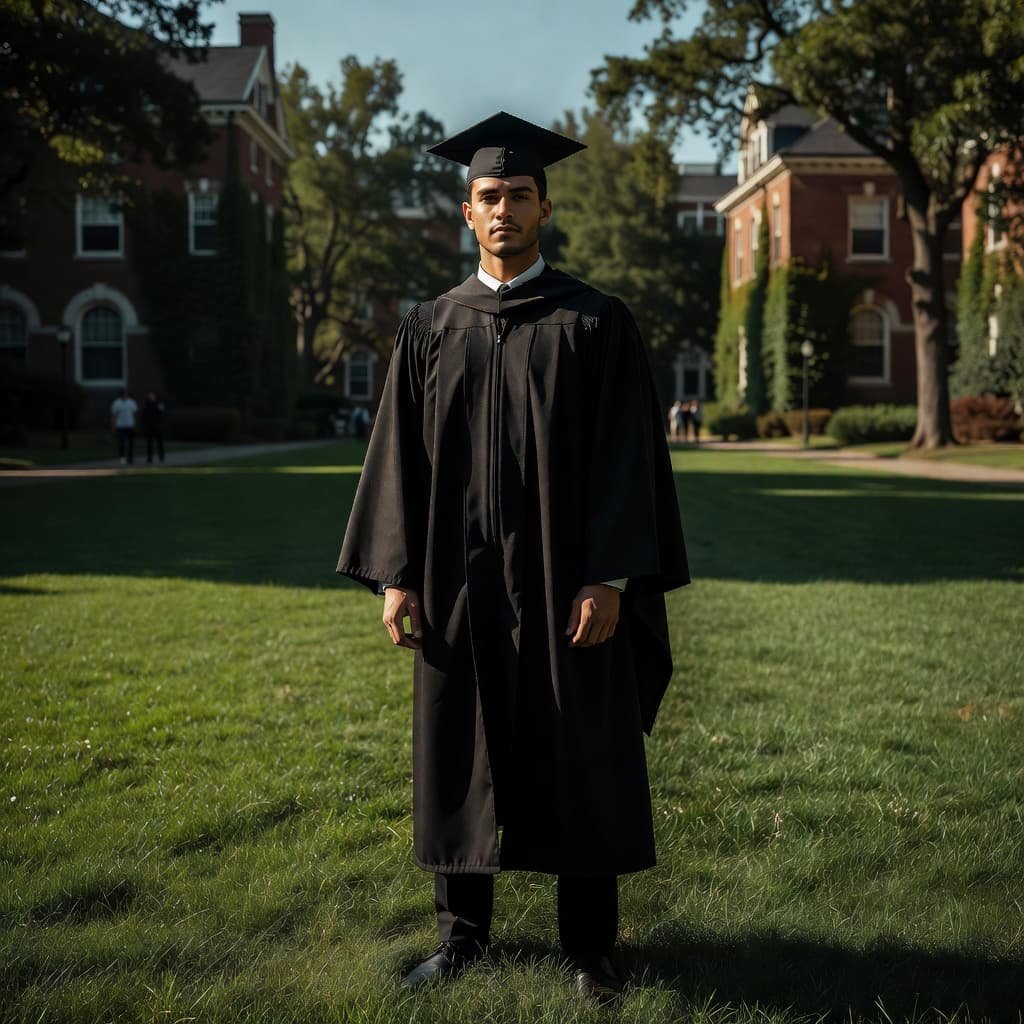 A smiling young graduate wearing a traditional black cap and gown stands on a lush green campus lawn. Soft sunlight illuminates their face while historic brick buildings blur in the background.