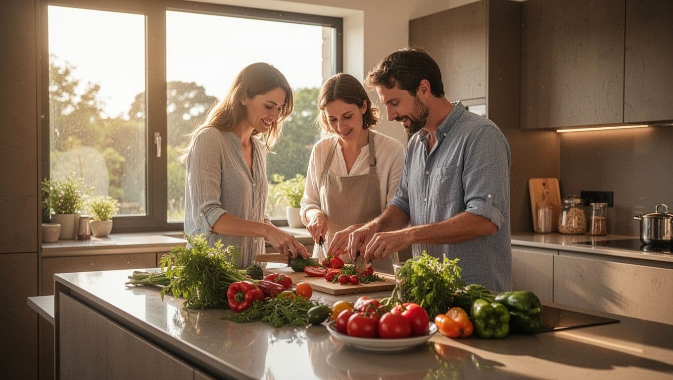 A man and woman prepare dinner together on a granite kitchen island filled with fresh produce. Golden afternoon sunlight streams through a large window, illuminating vibrant vegetables and rustic wooden bowls.