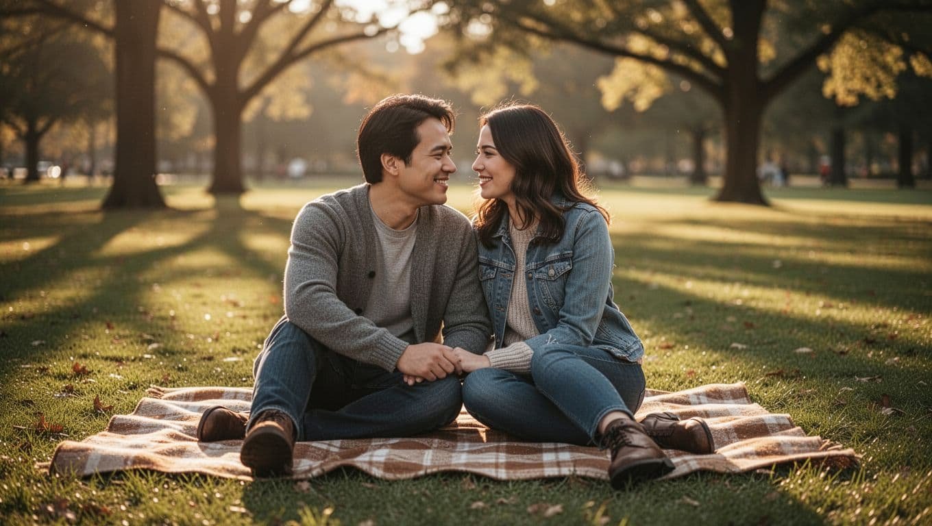 A couple sits on a checkered blanket in a lush park, surrounded by golden late afternoon sun. They share a light meal while looking at each other in this serene outdoor setting.