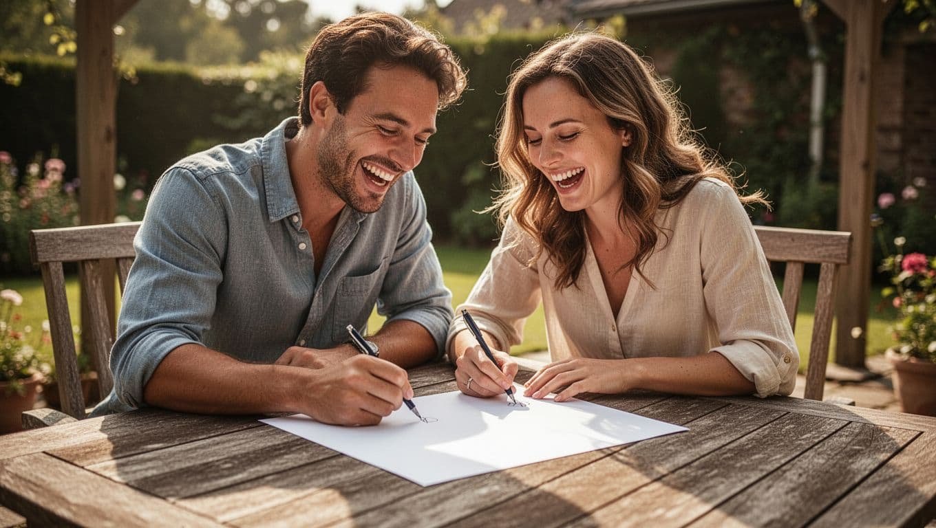 A happy couple sits together at a rustic wooden patio table during a sunny summer afternoon. They are laughing while collaborating on a handwritten paper list, framed by warm cinematic lighting.