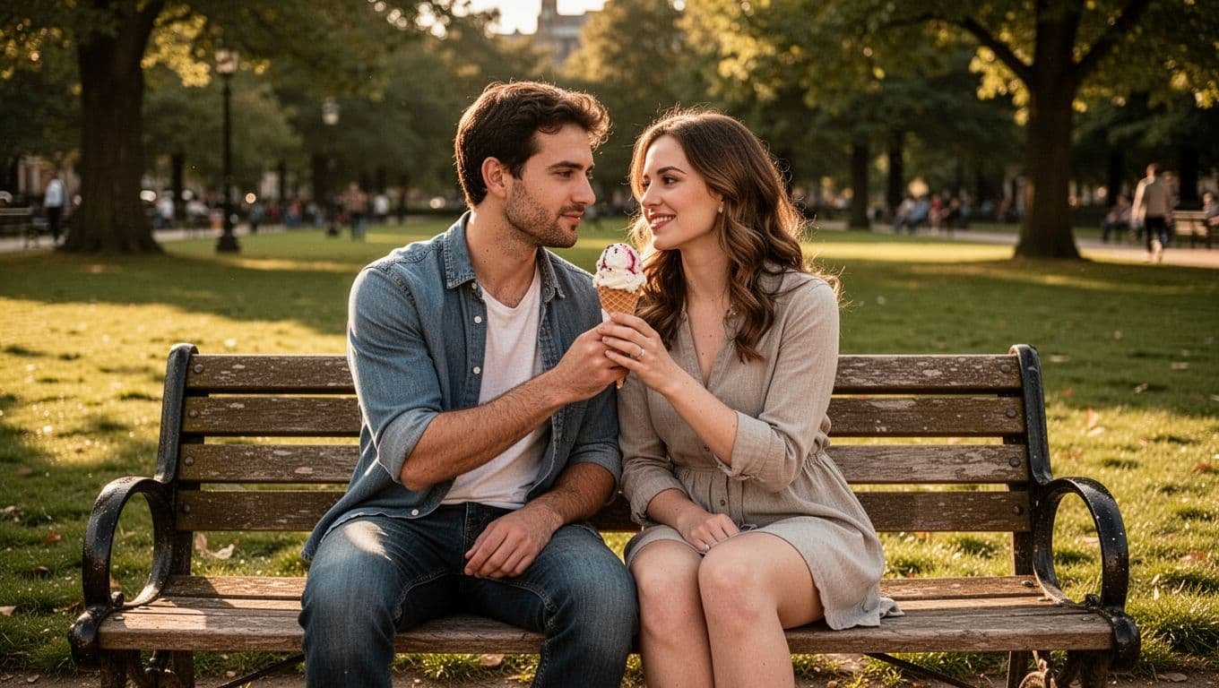 A young couple sits closely on a weathered wooden park bench under a canopy of trees. They smile while sharing a single ice cream cone bathed in glowing, warm afternoon sunlight.