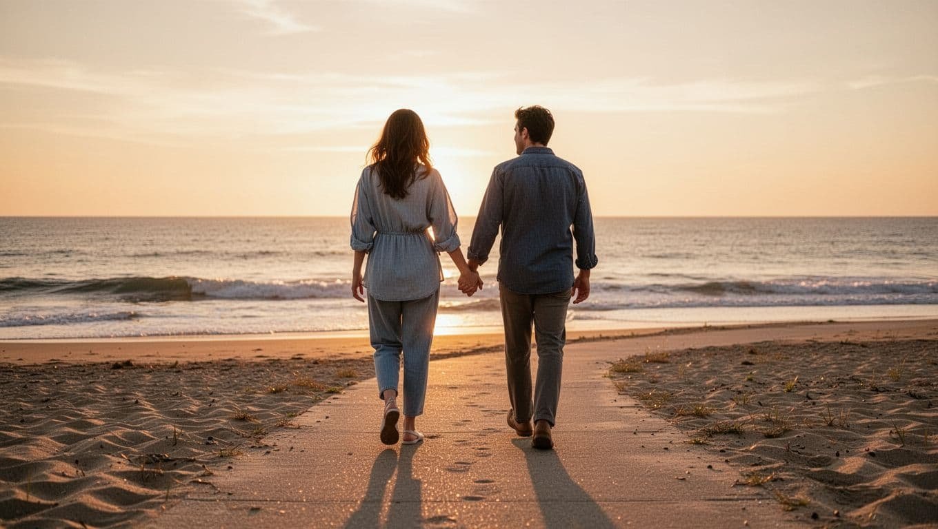 A couple walks away from the camera along a sandy coastal path during golden hour. Soft amber light illuminates their silhouette against the calm ocean waves and the darkening evening horizon.