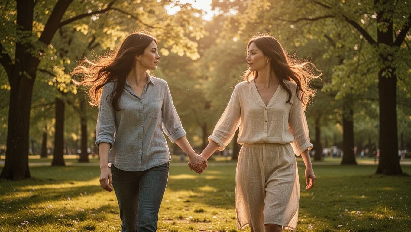A pair of individuals walk through a lush green park during early summer. Their joined hands are the main focus, illuminated by warm, golden sunlight that filters through the vibrant trees.