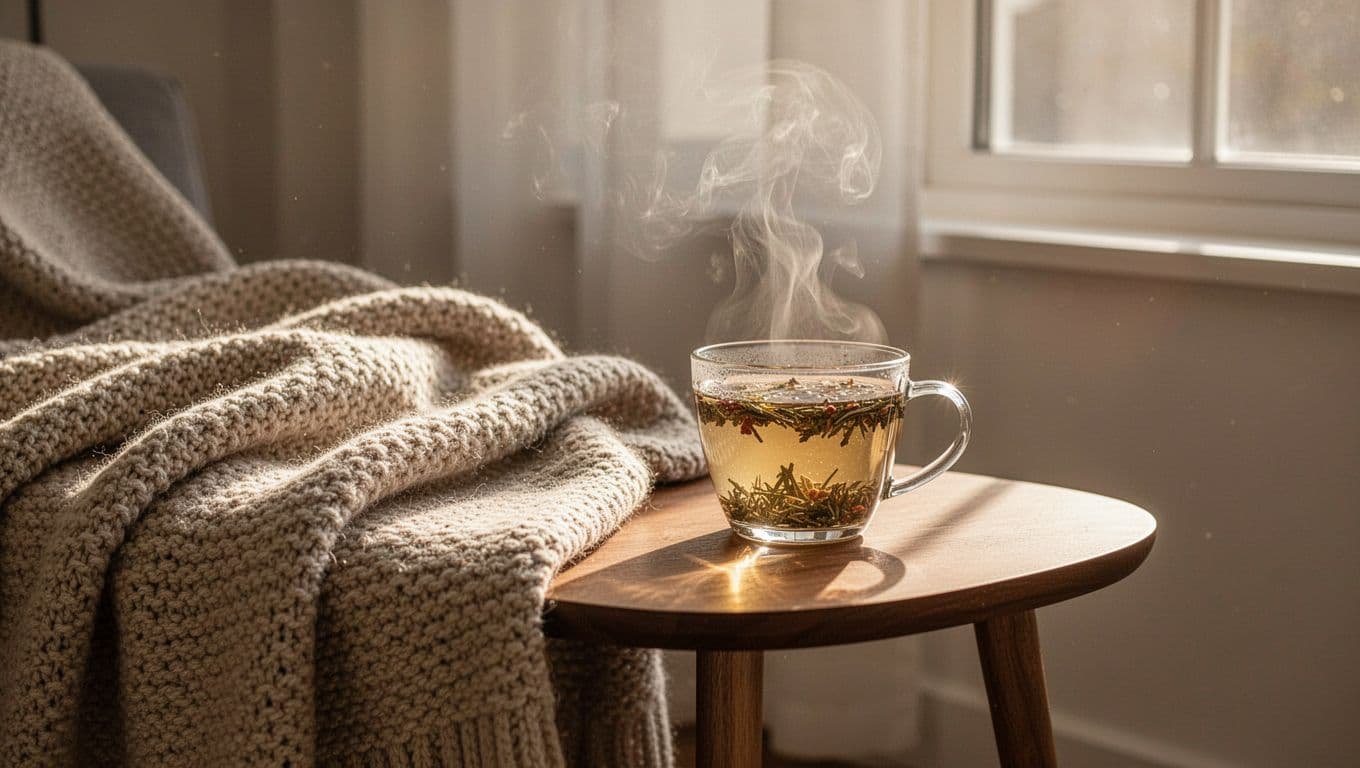 A soft knit blanket rests on a bed next to a steaming mug of herbal tea sitting on a wooden side table. Warm morning light streams through the nearby window panes.
