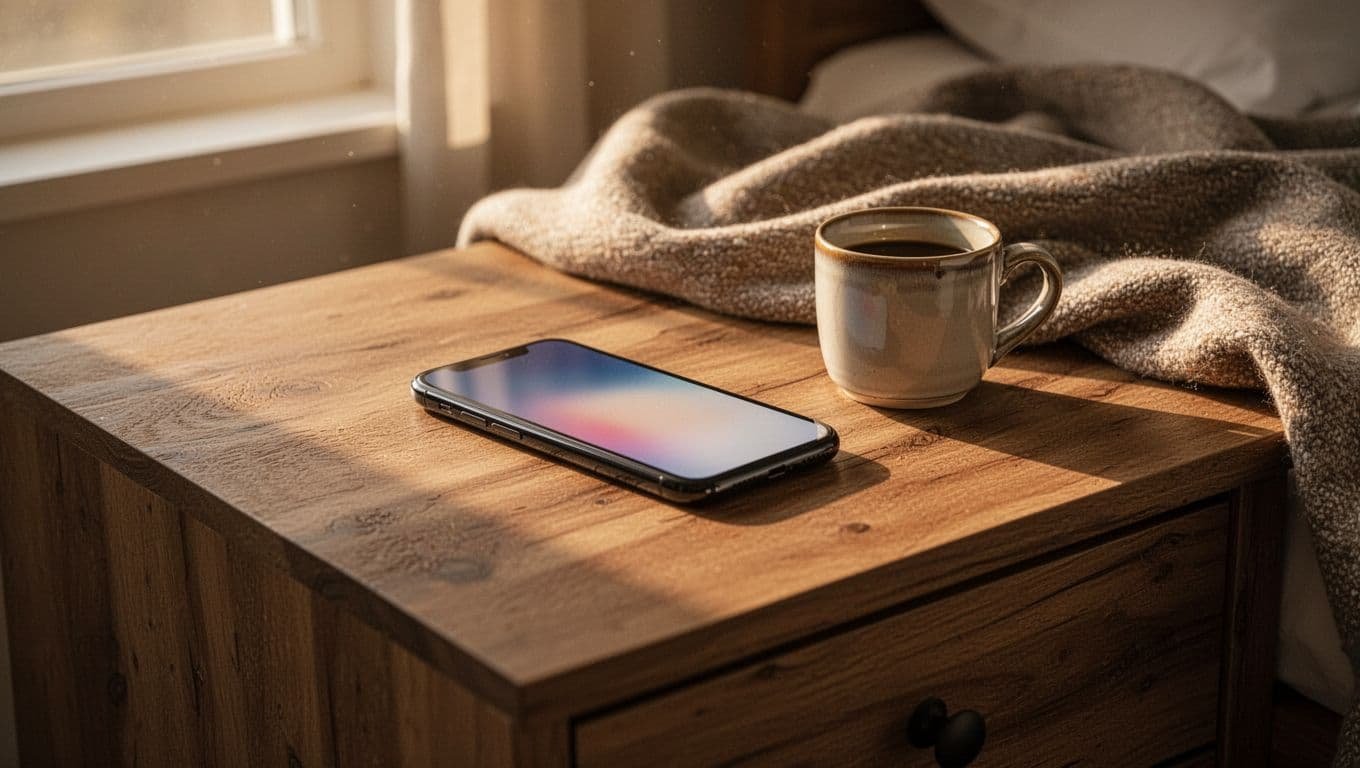 A smartphone lies on a wooden bedside table beside a rumpled blanket and a steaming ceramic coffee mug. Soft golden sunlight filters into the room, highlighting the warm, peaceful morning atmosphere.