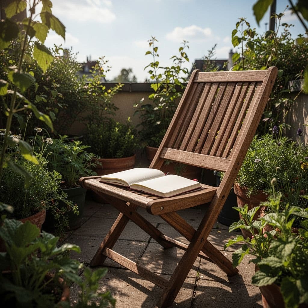 A wooden chair sits on a stone patio surrounded by vibrant potted plants in the summer sun. A leather notebook rests on the seat, bathed in warm, glowing afternoon light.