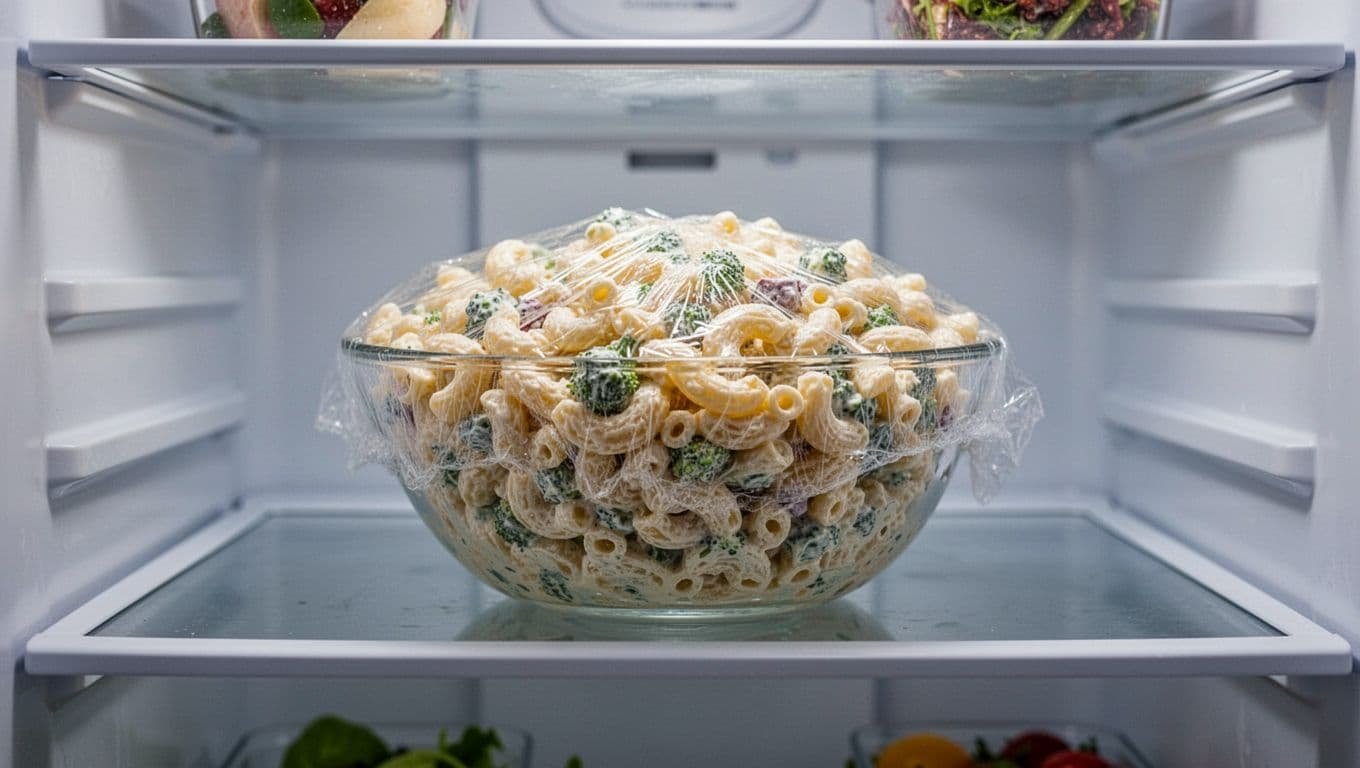 A glass bowl containing creamy pasta salad sits securely on a clean wire refrigerator shelf. The dish is tightly sealed with clear plastic wrap under the soft, bright interior refrigerator lighting.