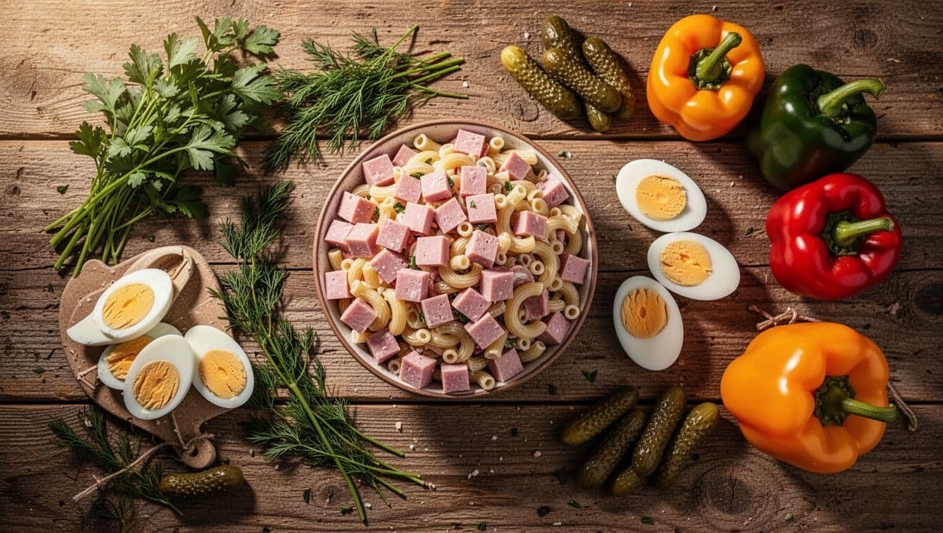 A rustic wooden table holds bowls filled with diced ham, hard-boiled eggs, fresh herbs, crunchy pickles, and vibrant bell peppers. These colorful toppings invite creative customization for a fresh pasta salad.