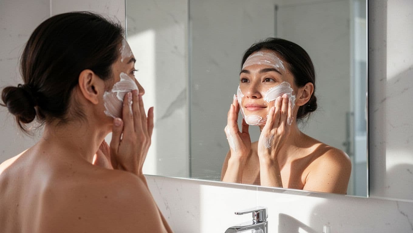 A focused individual gently massages white sunscreen onto their cheeks while standing before a modern, minimalist bathroom mirror. The bright lighting highlights a clear complexion and the reflection in the glass.