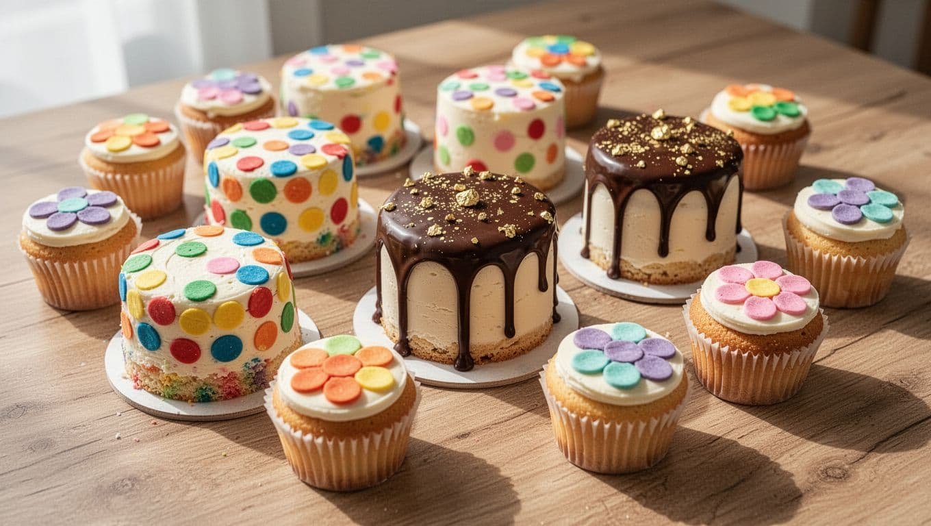 A wooden tabletop displays several colorful cakes and cupcakes adorned with whimsical polka dots. One cake features rainbow sprinkles, while another has a rich chocolate drip accented by golden edible dots.