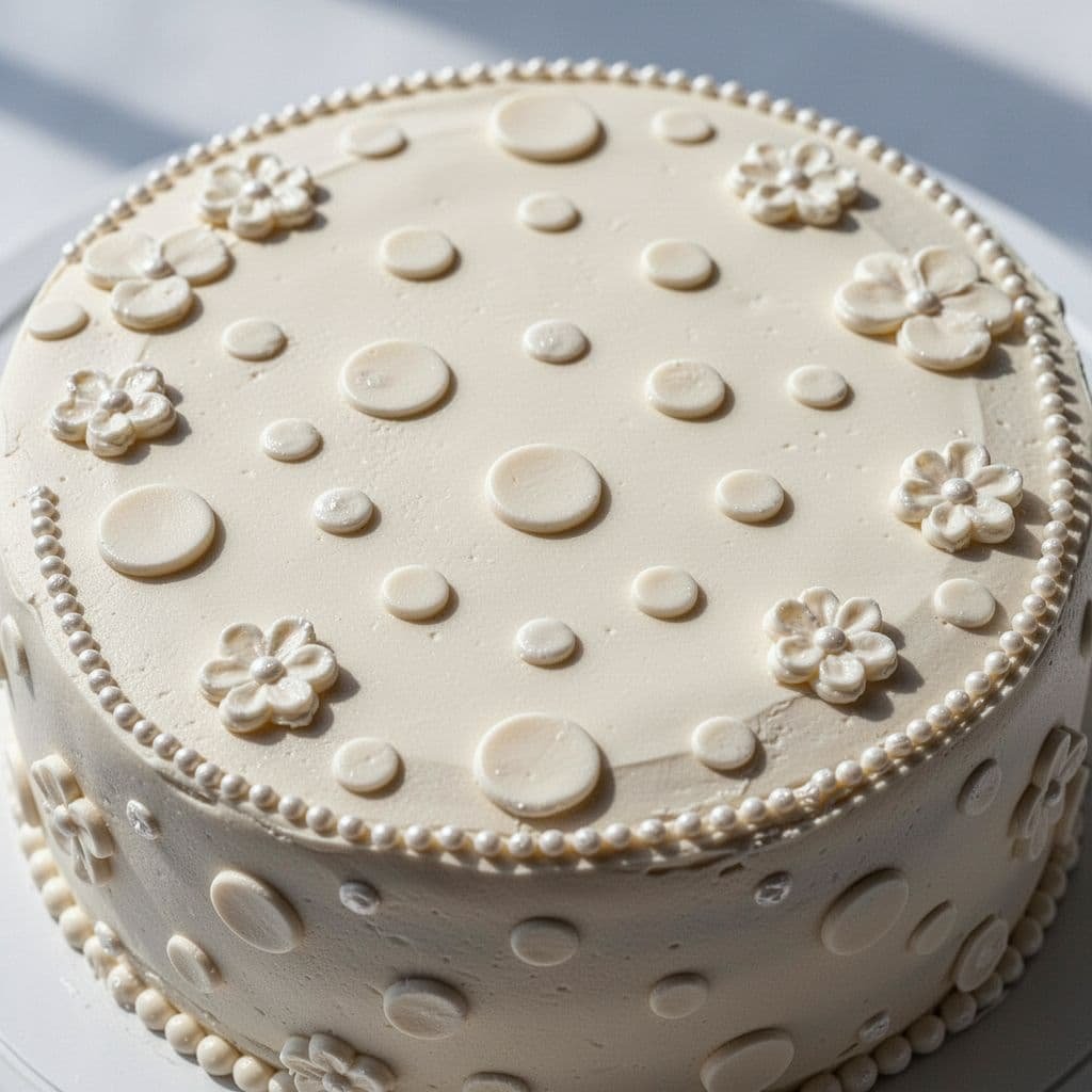 Close-up of a smooth cake surface featuring uniform round dots, intricate pull-out floral patterns, and a delicate beaded border. Natural light highlights the texture and precision of the culinary piping work.