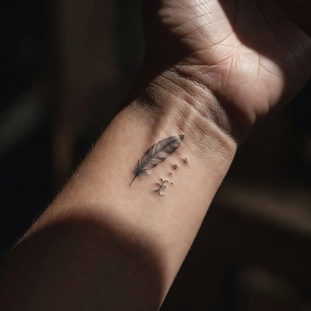 A close-up shot focuses on a feminine wrist featuring a fine-line black ink tattoo. Sharp, dramatic lighting highlights the smooth skin texture and the artistic precision of the elegant dark mark.