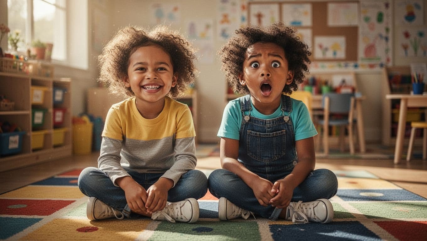 A diverse group of kindergarten students sits on a multi-colored rug within a sunlit classroom. Each child displays a unique facial expression including joy, surprise, and sadness to convey their emotions.