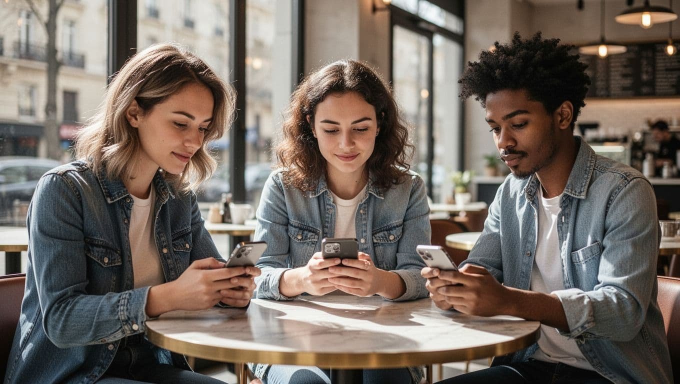 Three diverse young adults sit together at a polished table in a trendy European cafe, focused intently on their individual smartphones while sharing a casual moment in a bright, airy space.