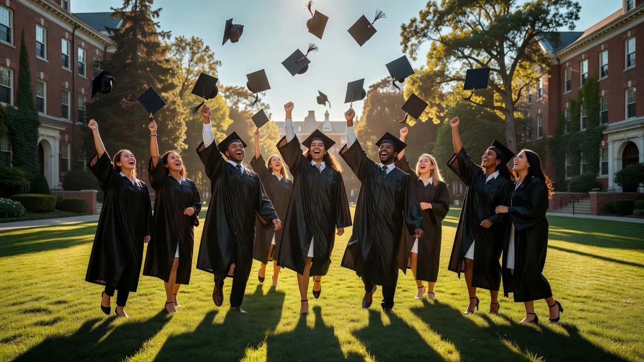 A group of diverse college graduates joyfully throw their caps into the sky while standing on a vibrant green university lawn. Warm sunlight creates dramatic silhouettes and deep, high-contrast shadows.