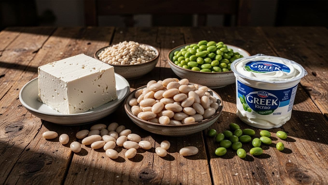 A selection of protein-rich ingredients including yogurt, tofu, and beans arranged on a wooden table.