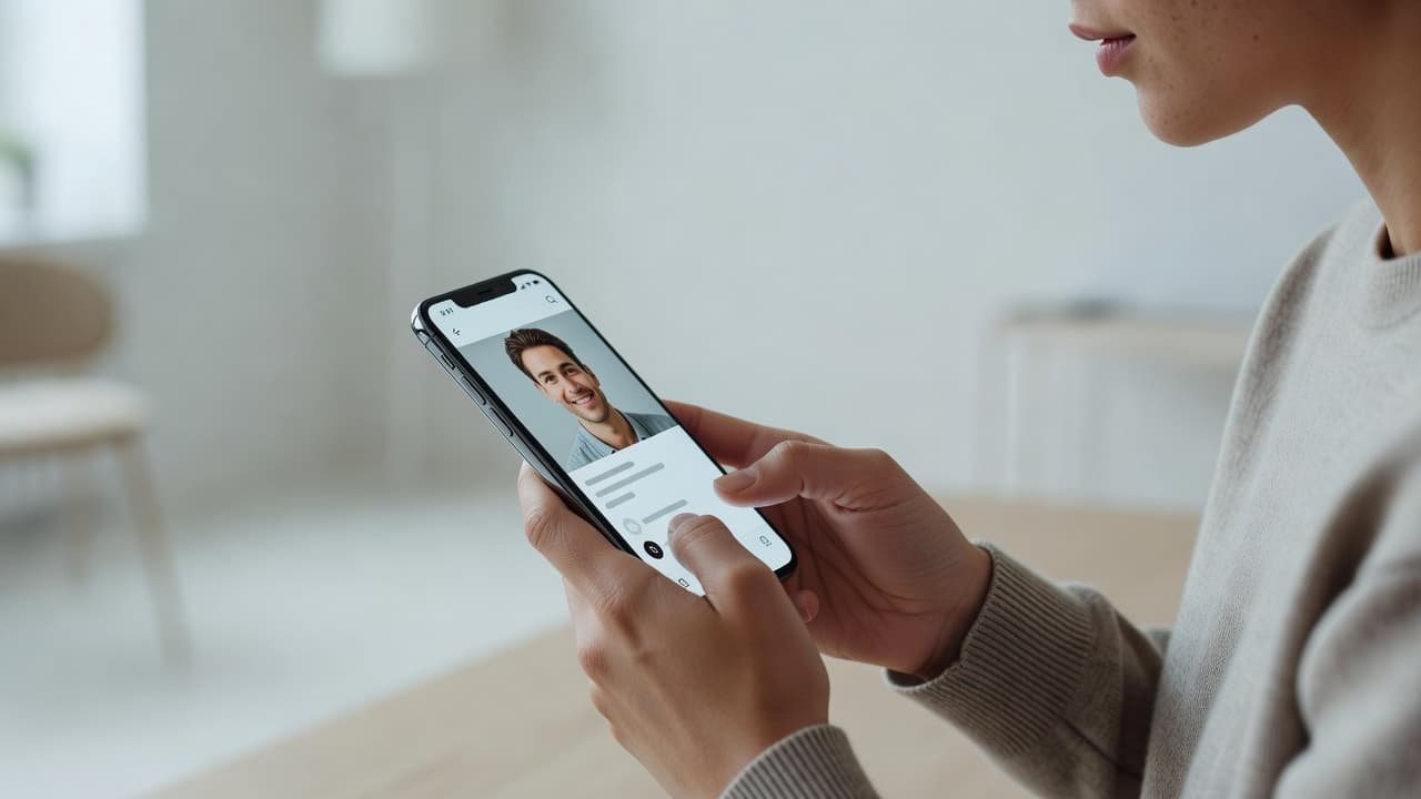 A person holds a sleek smartphone showing a profile page against a soft, bright background. The shallow focus highlights the device held in their hands, suggesting a moment of digital connection.