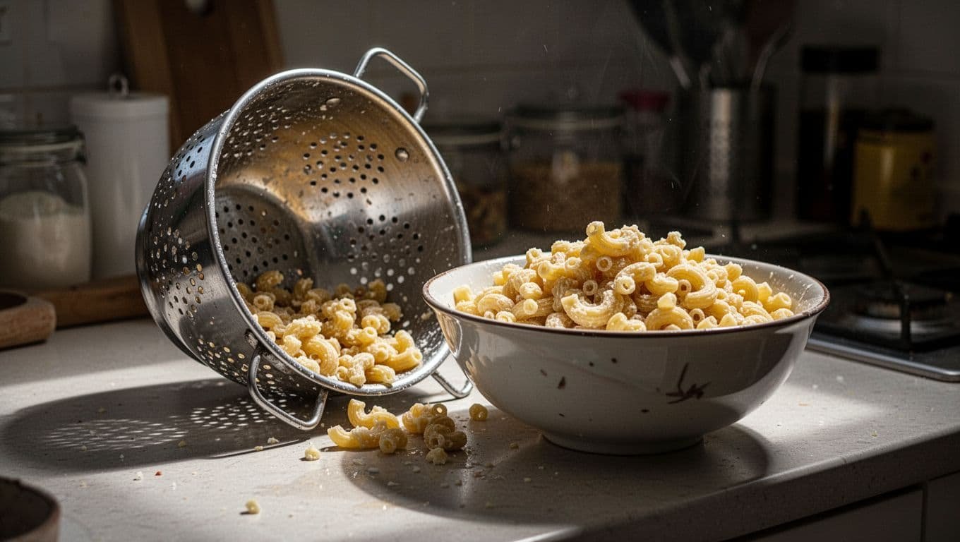 An overturned metal colander sits beside a ceramic bowl overflowing with clumped, overcooked pasta on a cluttered countertop. Dramatic side lighting emphasizes the sticky texture and messy state of the food.