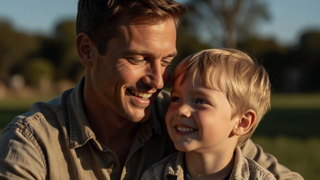 A father and his young child share a genuine, joyful moment while bathed in dramatic golden afternoon sunlight. Their expressive faces stand out against a soft, blurred outdoor background environment.