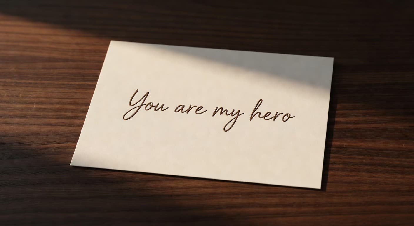 A minimalist greeting card featuring handwritten text sits centered on a dark wooden table. Soft side-lighting illuminates the paper surface, casting gentle, elongated shadows that highlight the elegant script texture.