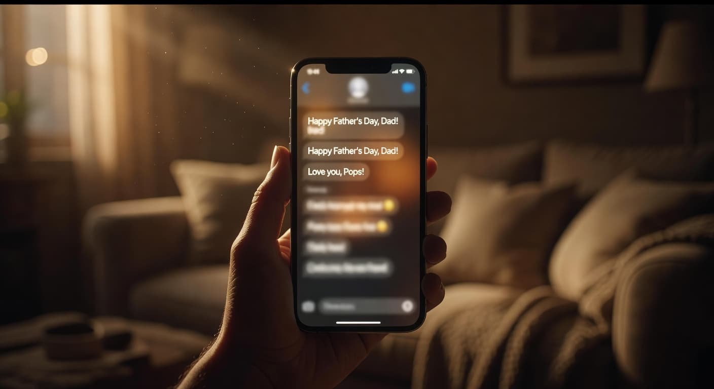 A hand holds a sleek smartphone in a dimly lit living room while displaying an affectionate message. Warm ambient light highlights the device surface against deep, cozy room shadows.