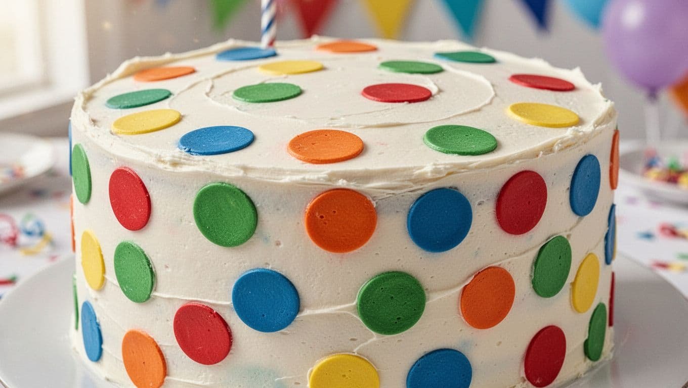 A smooth white frosted cake features vibrant red, blue, and yellow circular decorations. The dessert sits on a clean surface under soft lighting, perfectly prepared for a colorful birthday party celebration.